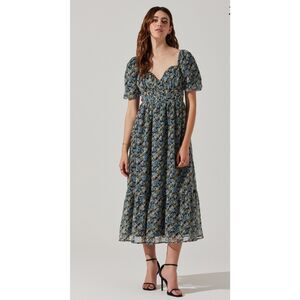 Astr Floral Midi Dress in Blue and Black